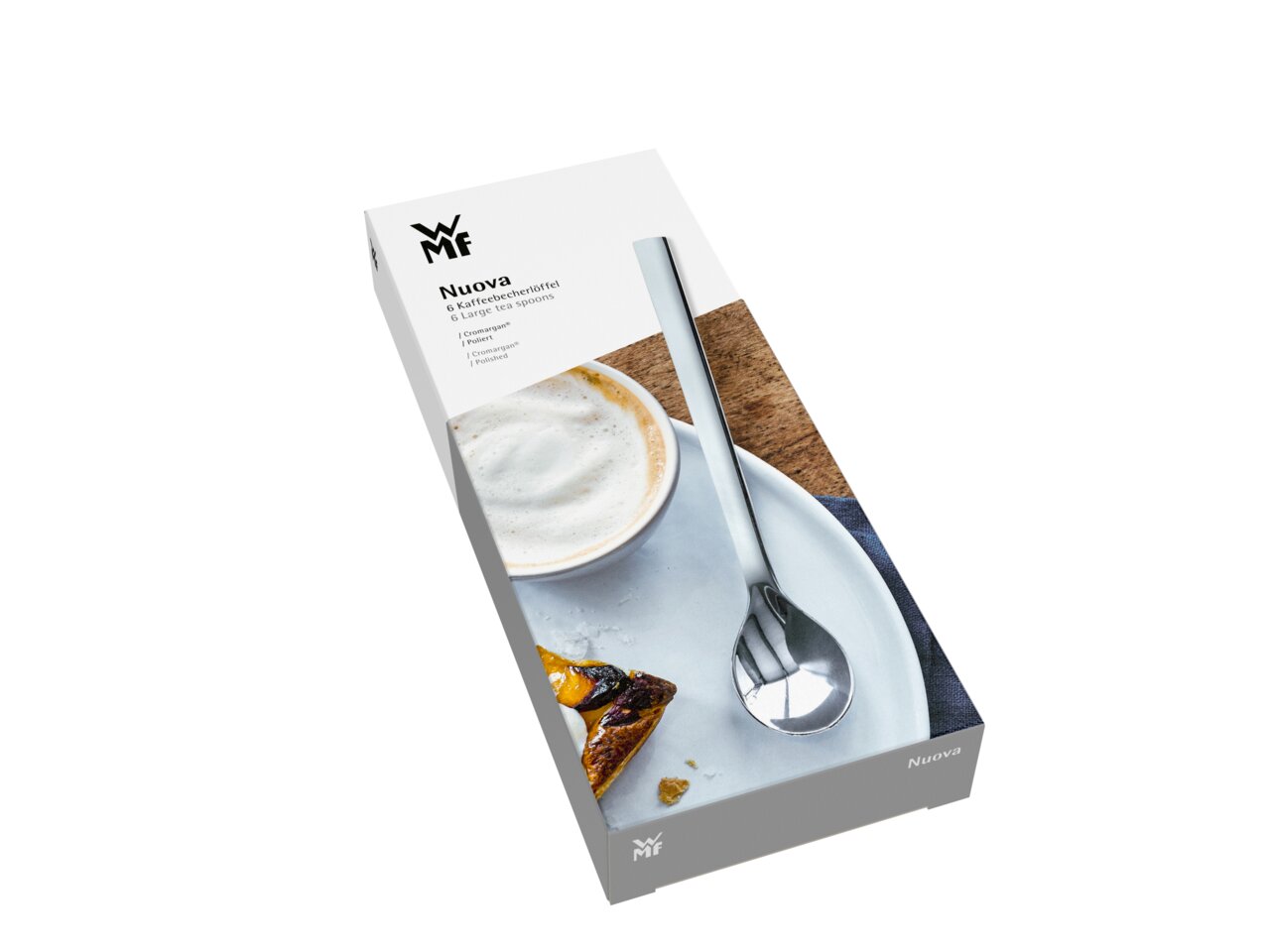 Verpackung mit 6 Kaffeebecherlöffeln der Marke Nuova, abgebildet aus einer schrägen Perspektive.