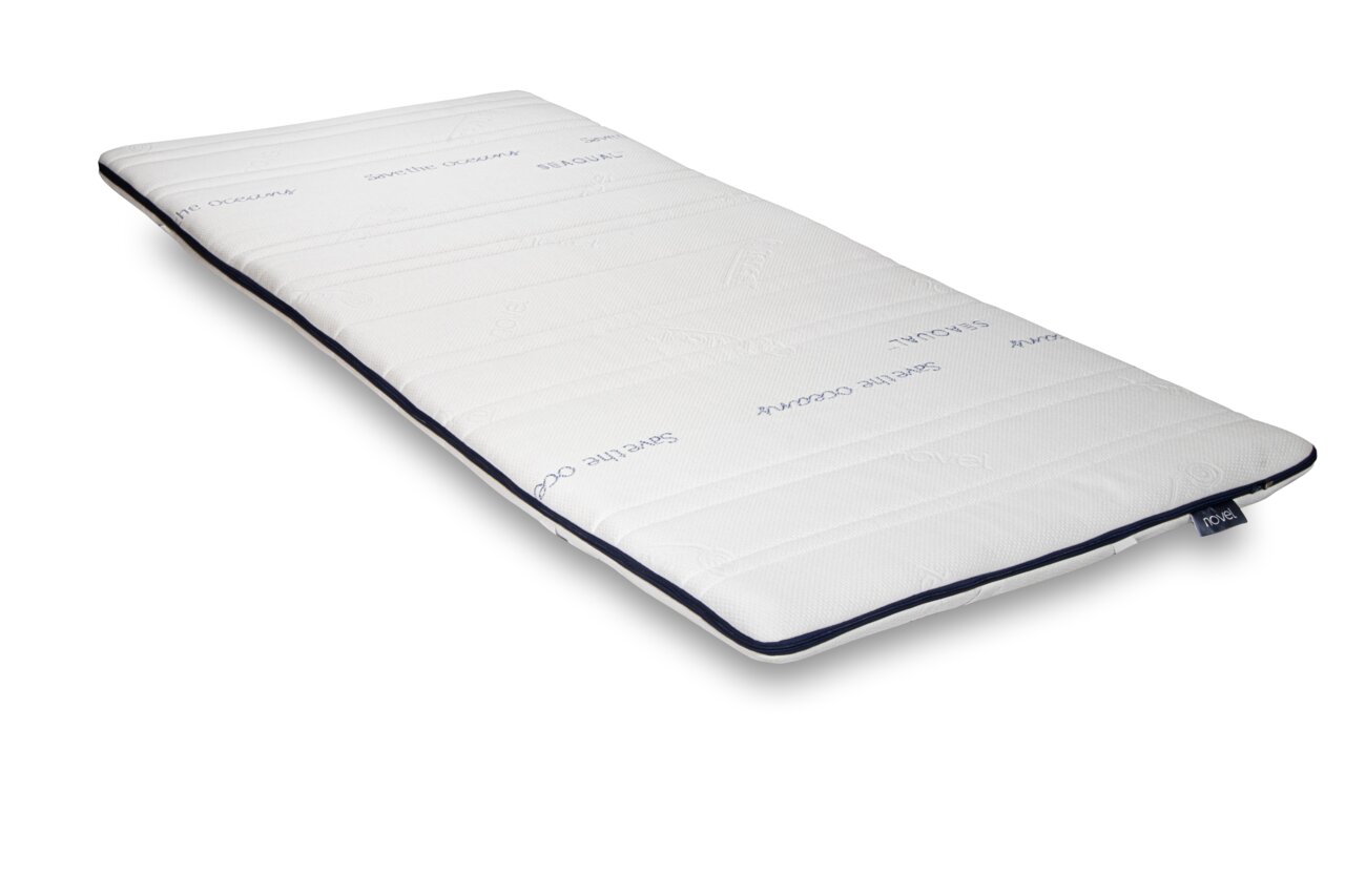 Novel Topper EMOTION V60 Seitliche Perspektive auf einen weißen Matratzen-Topper mit blauen Akzenten und Schriftzug.