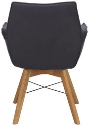 Rückansicht eines Armlehnenstuhls mit dunkler Polsterung und Holzbeinen.