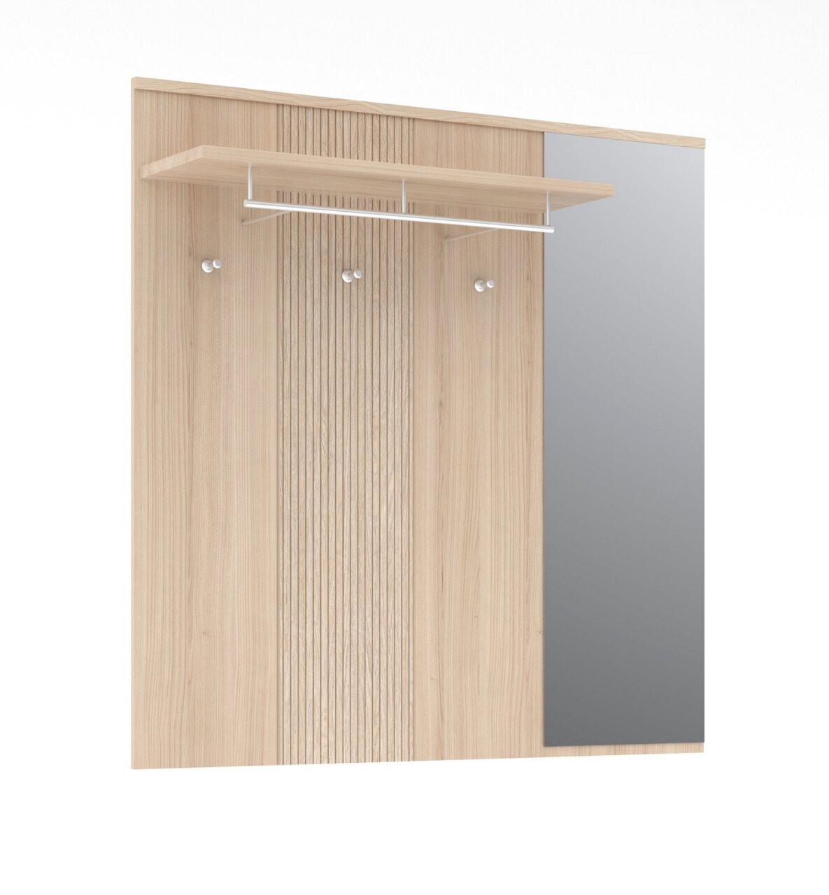 Garderobenset in lichte houtlook met spiegel, haken en legplank, vooraanzicht