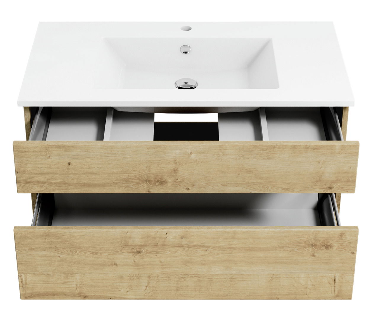 Waschtisch mit Holzoptik und zwei offenen Schubladen, Ansicht von vorne