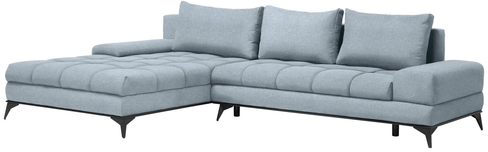 Graues Ecksofa mit Ottomane links, moderne Metallfüße, Vorderansicht