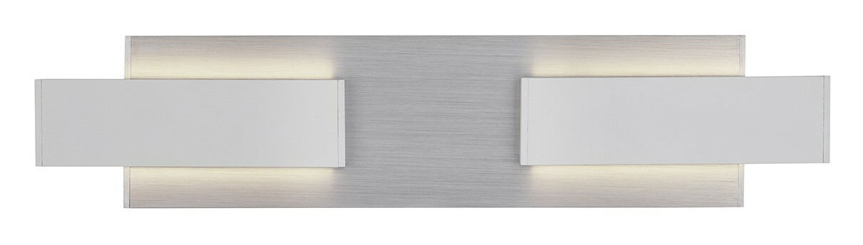 Moderne Wandleuchte RIVERA von Musterring in rechteckigem Design, silberne Basis mit zwei weißen Leuchtelementen, Ansicht von vorne.