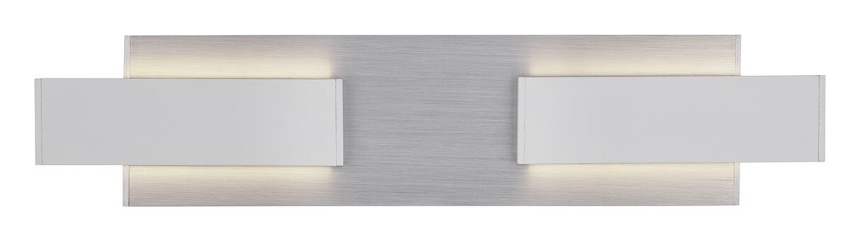 Moderne Wandleuchte RIVERA von Musterring in rechteckigem Design, silberne Basis mit zwei weißen Leuchtelementen, Ansicht von vorne.