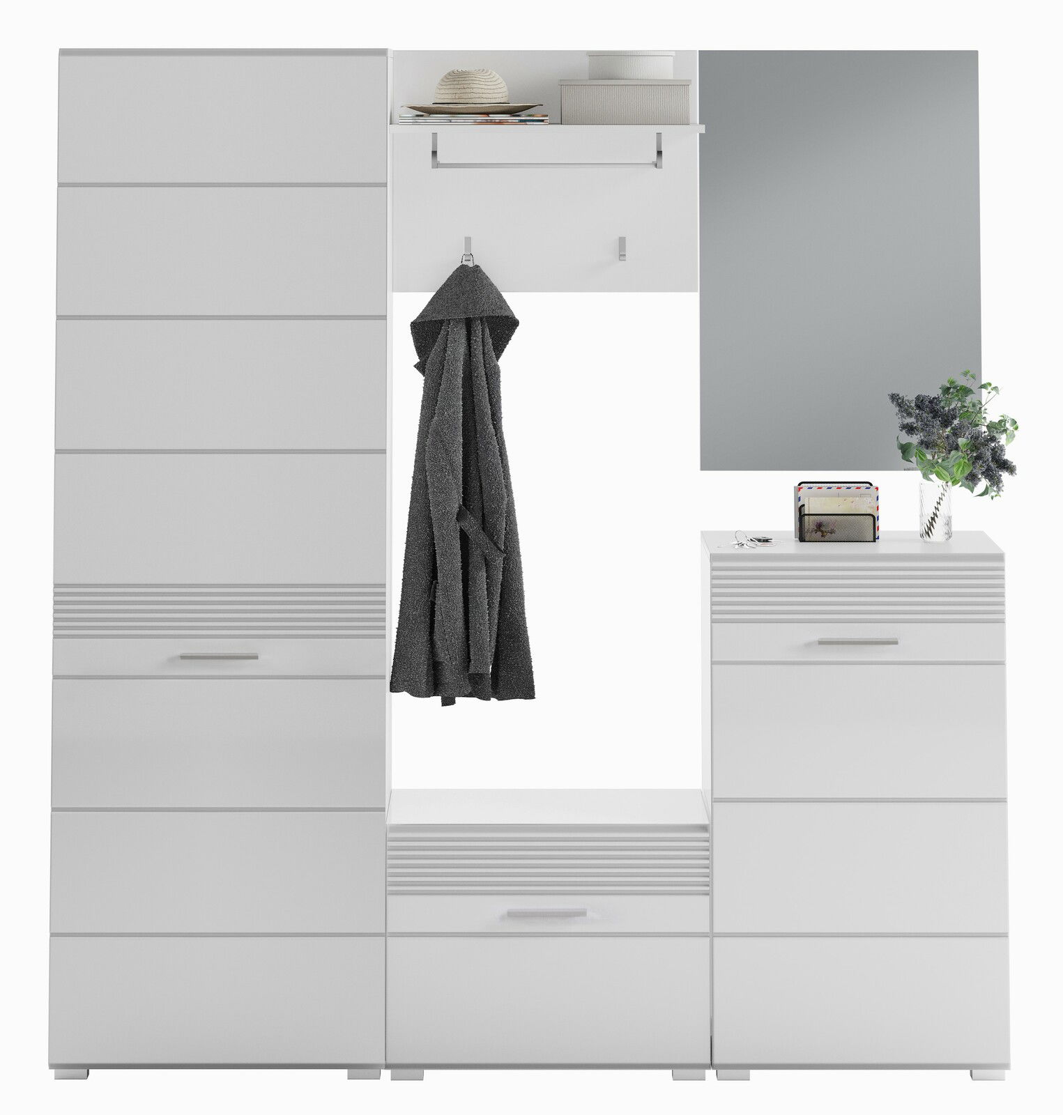 Moderne Garderobenkombination in Weiß mit Spiegel, Stauraum und Haken, frontal betrachtet.