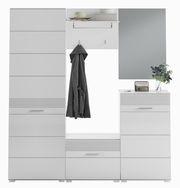 Moderne Garderobenkombination in Weiß mit Spiegel, Stauraum und Haken, frontal betrachtet.