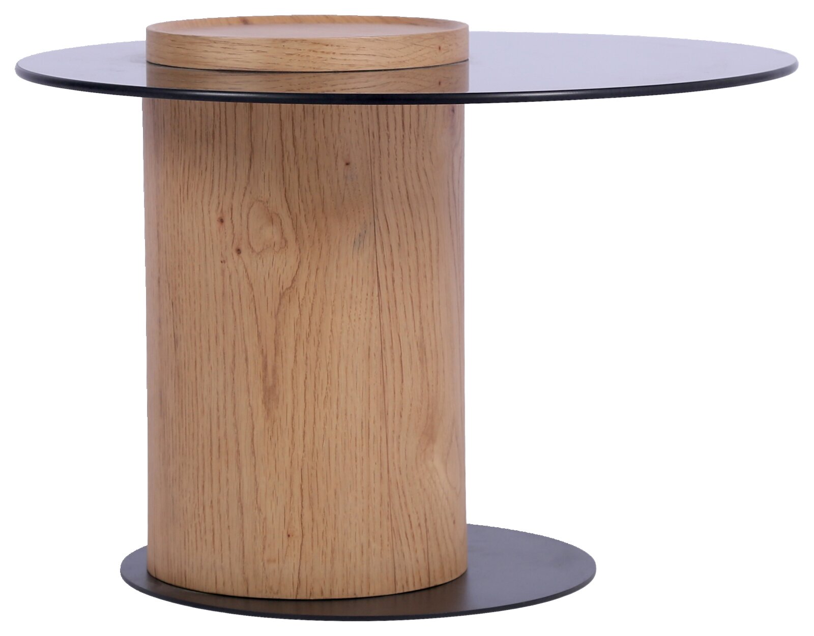 Moderne bijzettafel met rond glazen blad en cilindrische houten voet, zijaanzicht