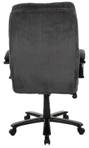 Rückansicht eines grauen Chefsessels mit geripptem Stoffbezug und schwarzem Fußkreuz auf Rollen.