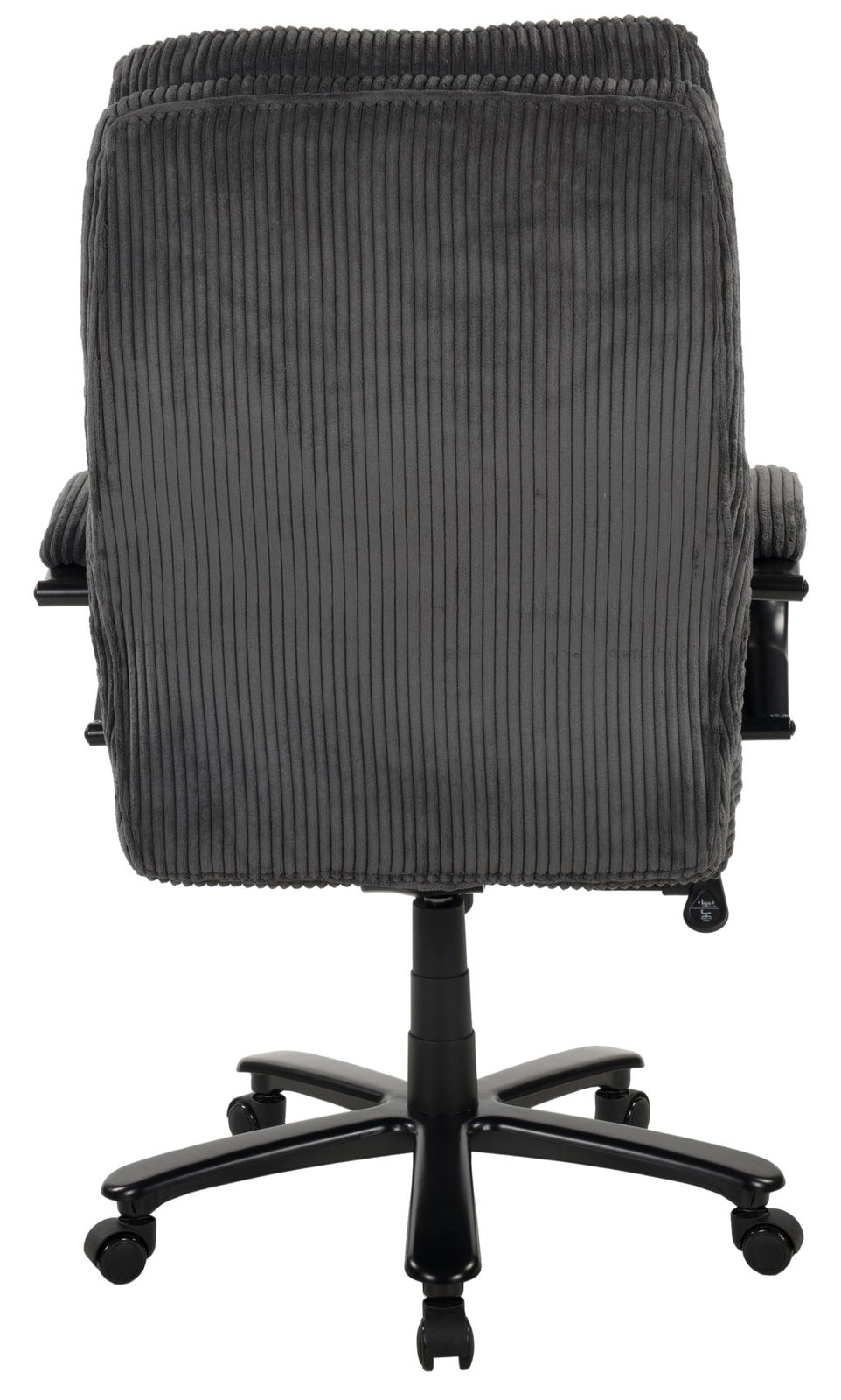 Rückansicht eines grauen Chefsessels mit geripptem Stoffbezug und schwarzem Fußkreuz auf Rollen.