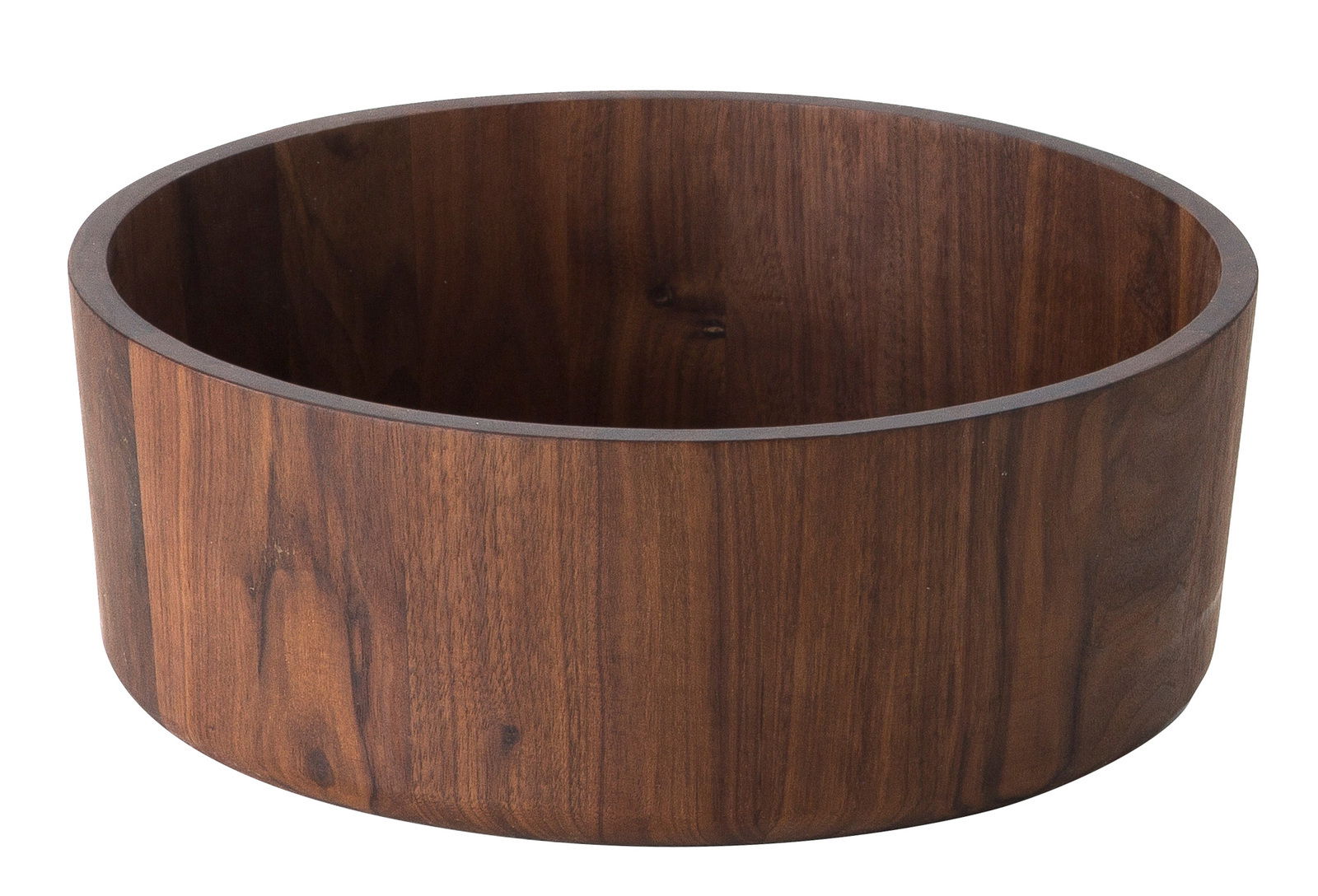 Große, runde Schale aus Walnussholz mit glatter Oberfläche, seitliche Perspektive