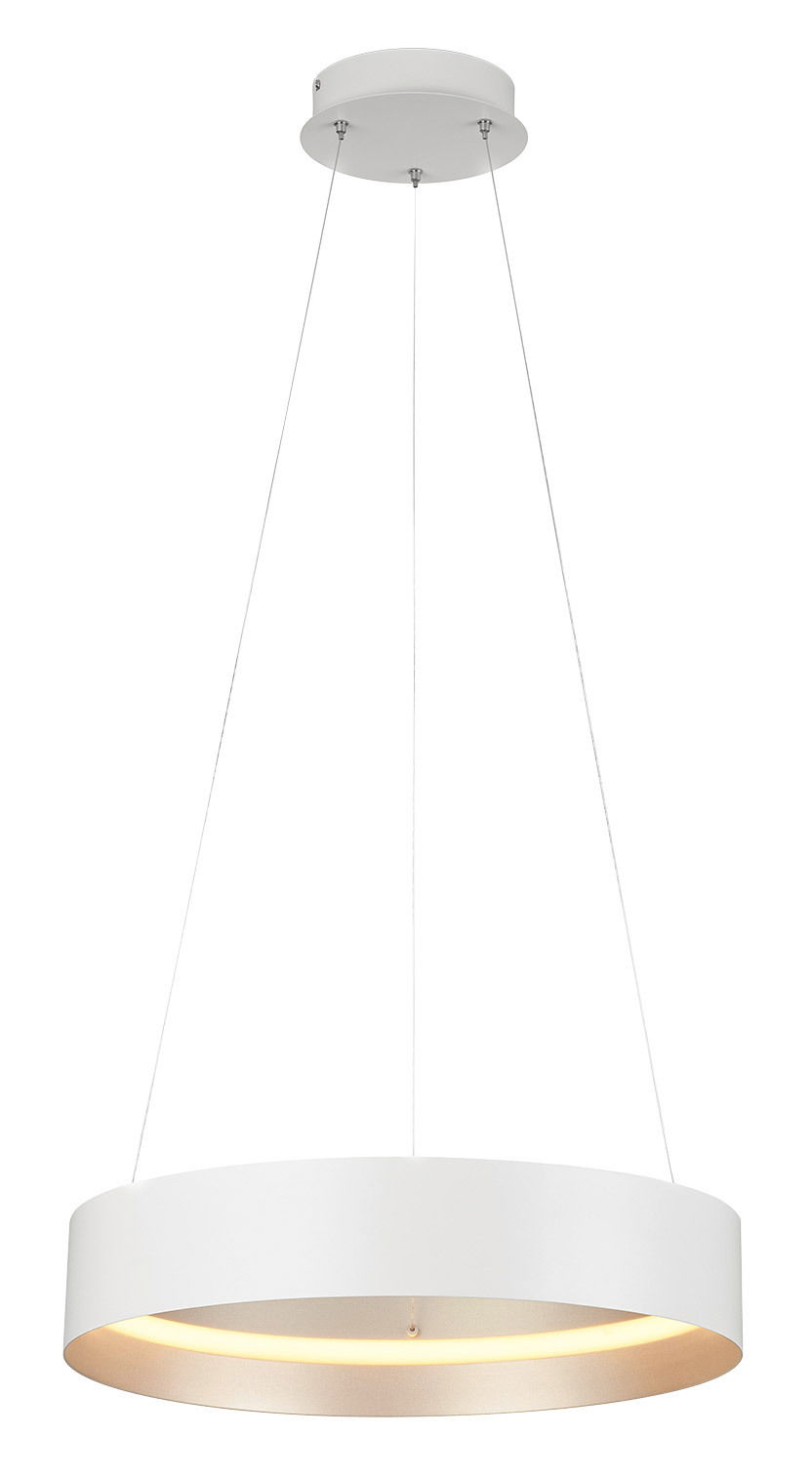 Musterring Pendelleuchte LOOP Moderne weiße Pendelleuchte LOOP in runder Form, von unten betrachtet, mit warmem Lichtschein.