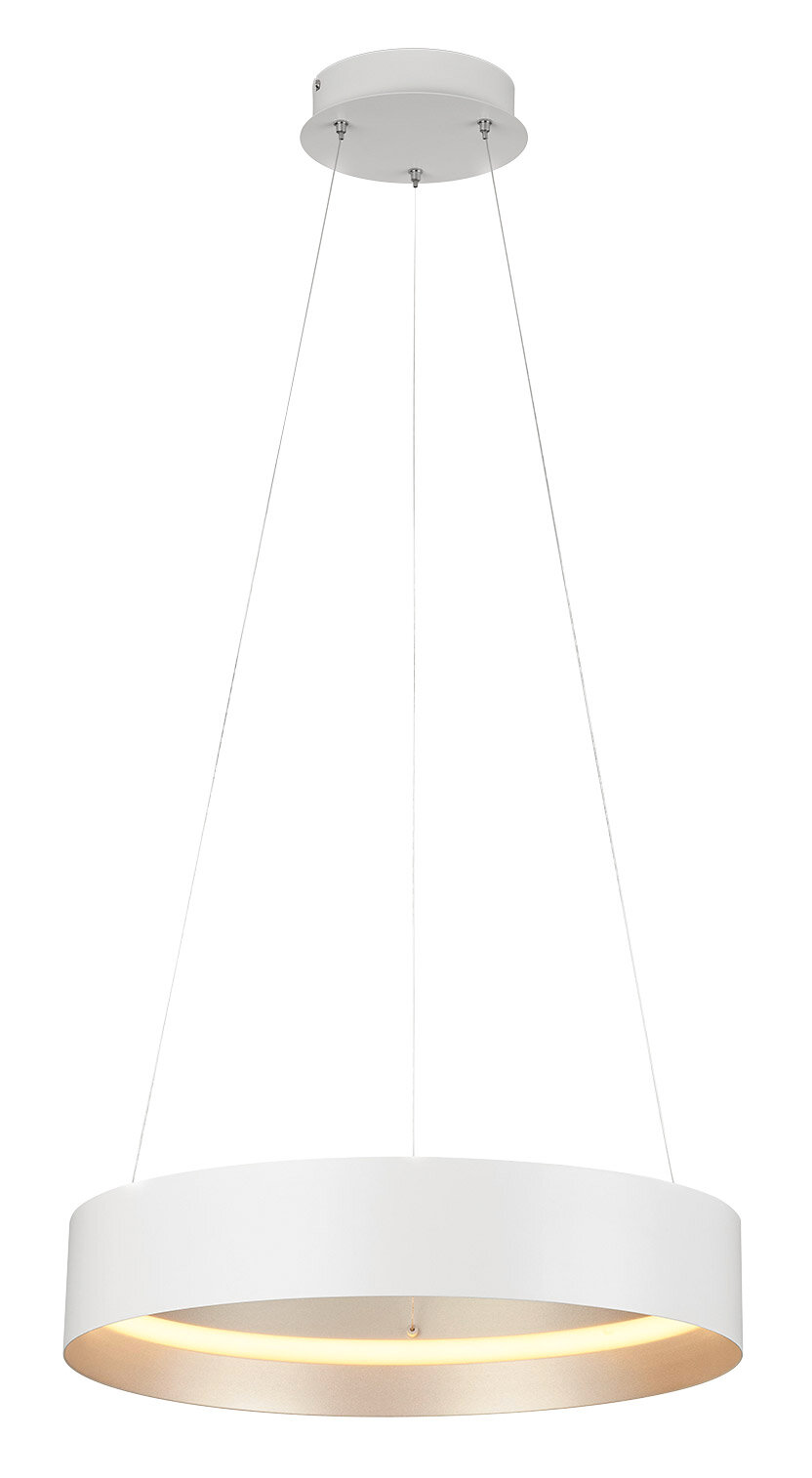 Musterring Pendelleuchte LOOP Moderne weiße Pendelleuchte LOOP in runder Form, von unten betrachtet, mit warmem Lichtschein.