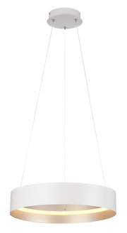 Moderne weiße Pendelleuchte LOOP in runder Form, von unten betrachtet, mit warmem Lichtschein.