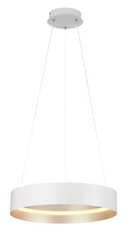 Moderne weiße Pendelleuchte LOOP in runder Form, von unten betrachtet, mit warmem Lichtschein.