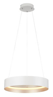 Moderne weiße Pendelleuchte LOOP in runder Form, von unten betrachtet, mit warmem Lichtschein.