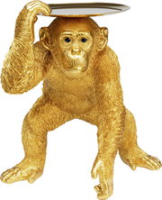 Goldene Deko-Figur eines Schimpansen in Butler-Pose, frontal betrachtet, mit einem Tablett auf dem Kopf.
