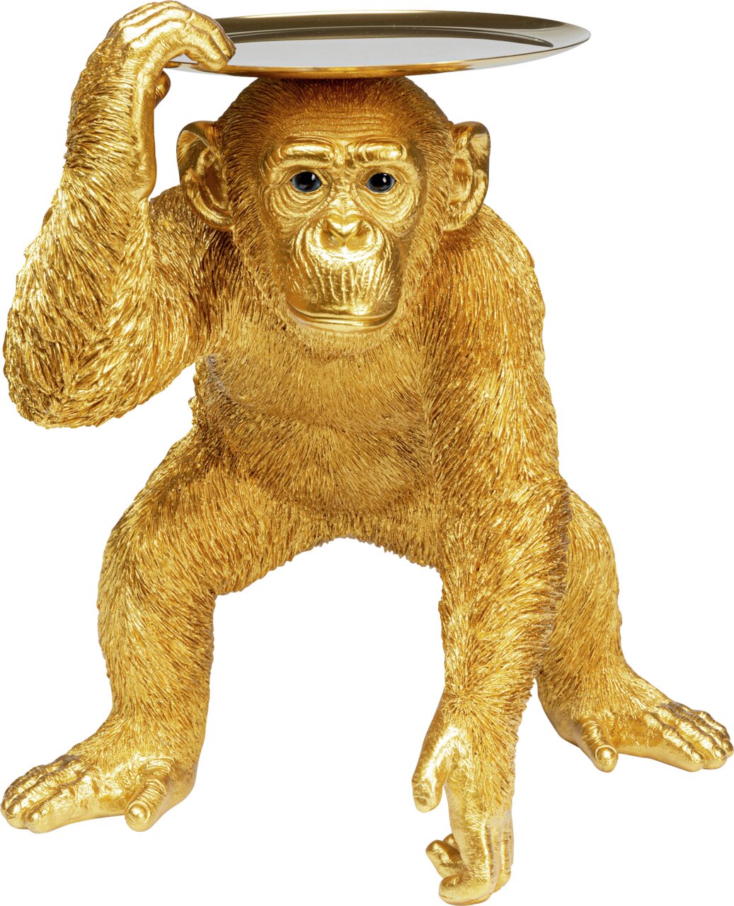 Goldene Deko-Figur eines Schimpansen in Butler-Pose, frontal betrachtet, mit einem Tablett auf dem Kopf.
