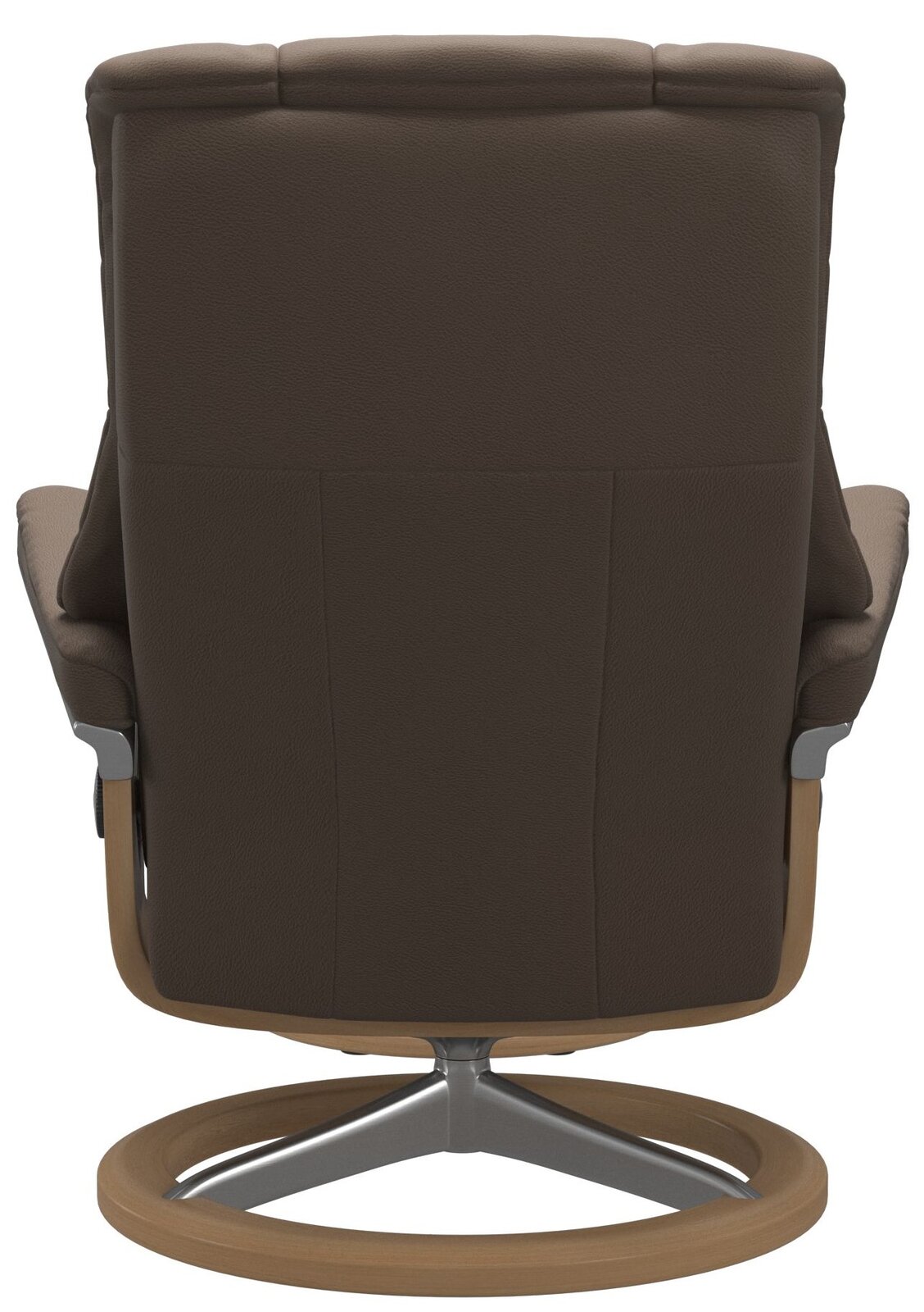 Rückansicht eines braunen Einzelsessels mit Holz- und Metallgestell