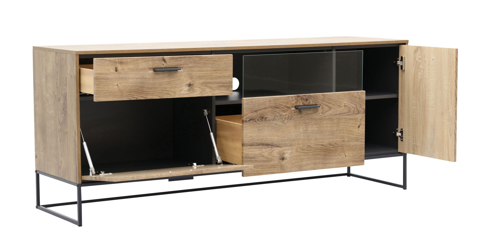 Holz-Wandkombination mit offenen Schubladen und Türen, seitliche Perspektive