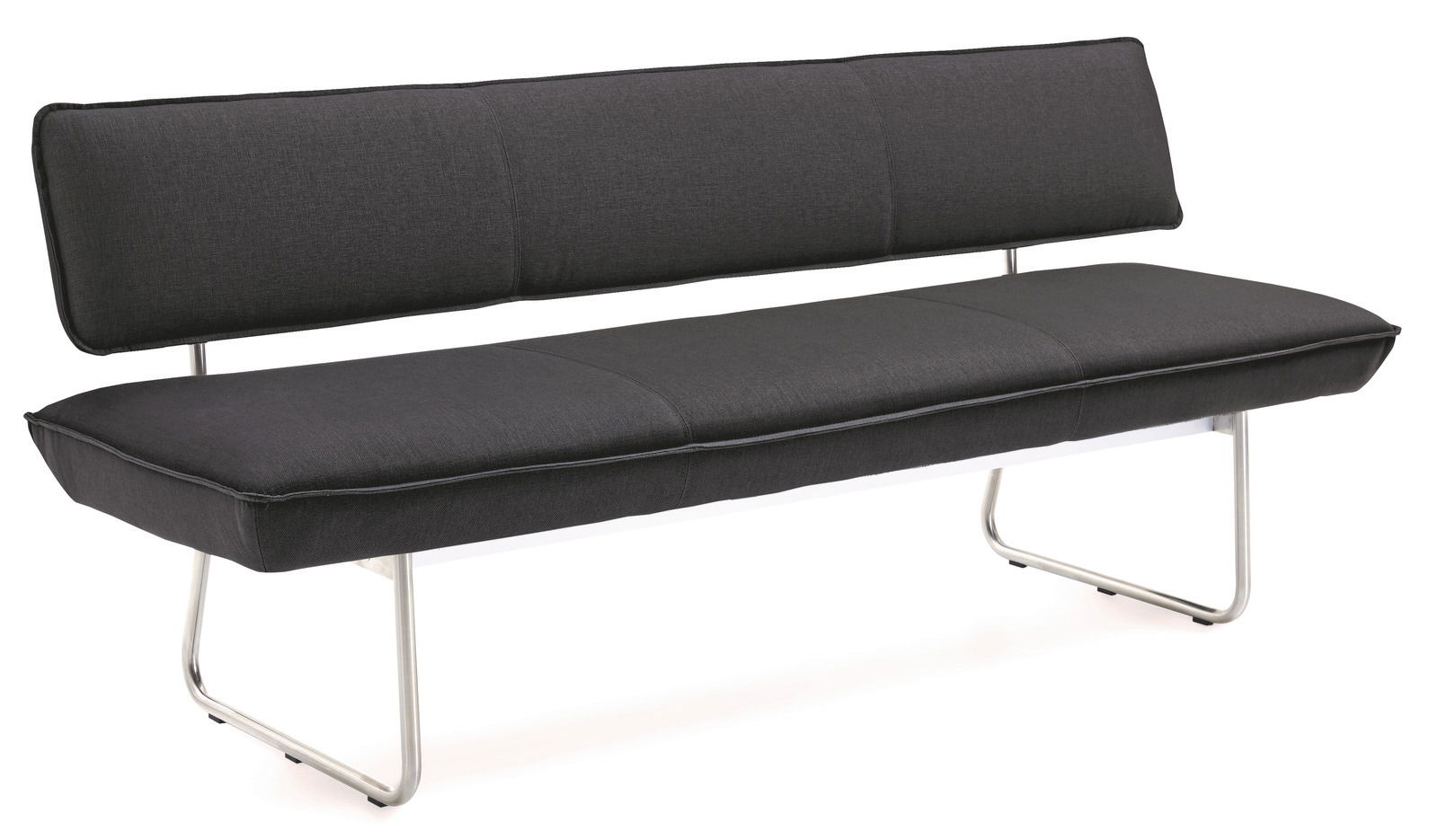 Schwarze Solitärbank mit Metallgestell, seitliche Perspektive