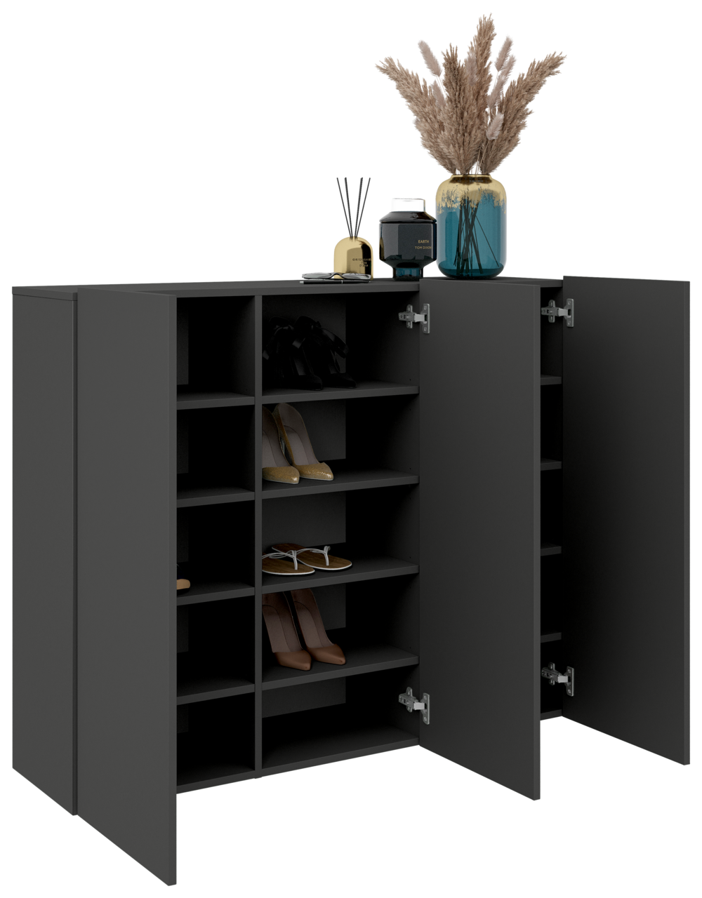Moderner Hängeschuhschrank in dunklem Grau mit offenen und geschlossenen Fächern, dekoriert mit einer Vase und Duftstäbchen, seitliche Perspektive.
