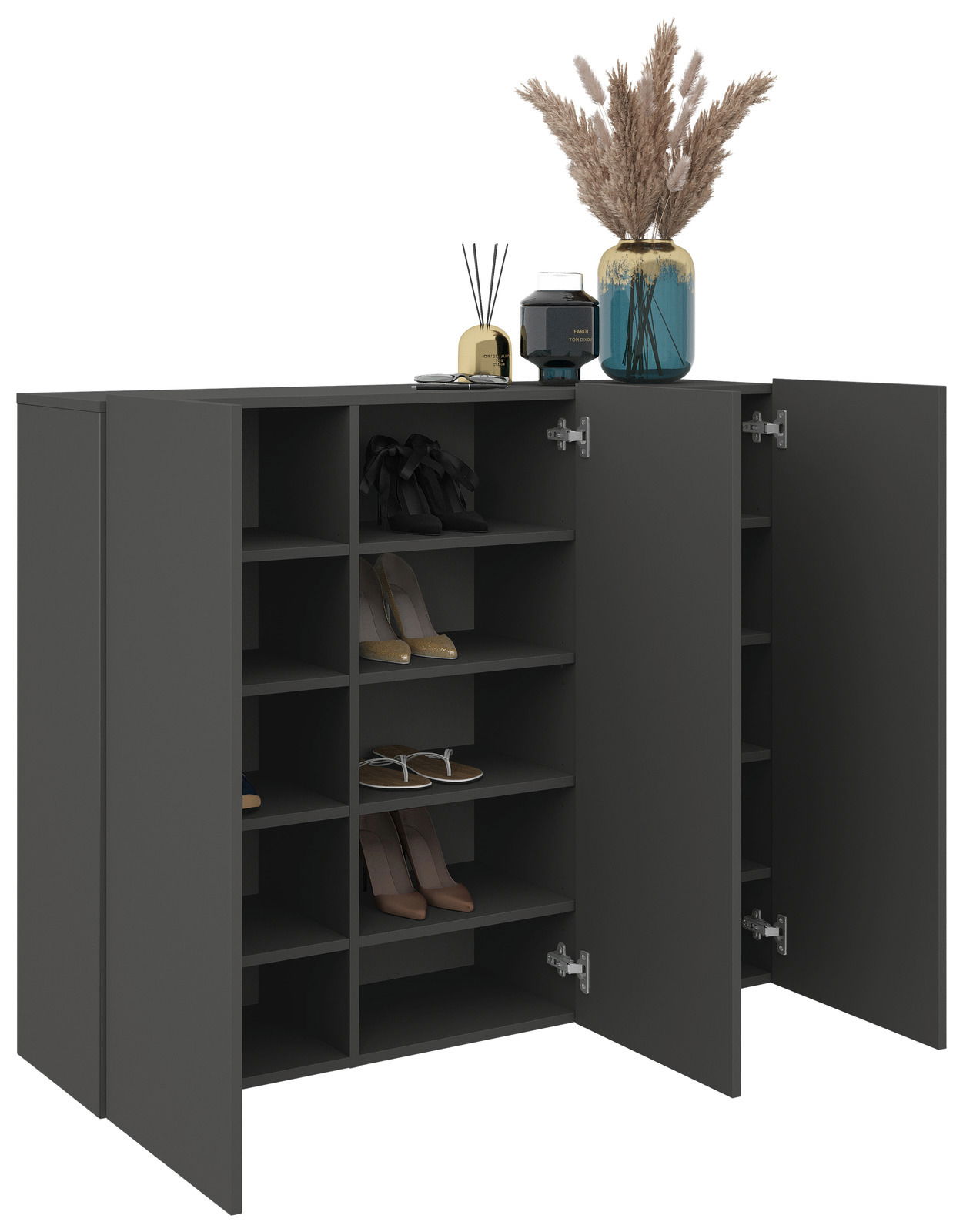 Moderner Hängeschuhschrank in dunklem Grau mit offenen und geschlossenen Fächern, dekoriert mit einer Vase und Duftstäbchen, seitliche Perspektive.