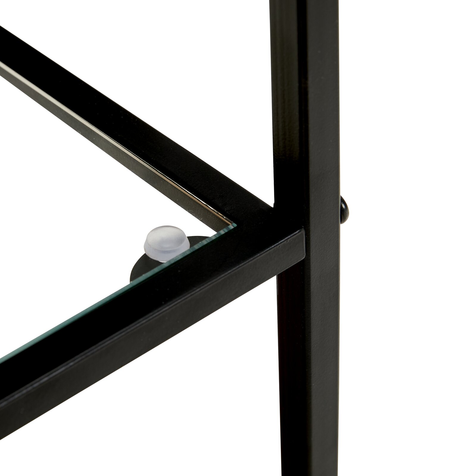 Detailaufnahme aus schräger Seitenperspektive: schwarzes Metallgestell mit Glasboden, Glasauflage mit transparentem Abstandshalter