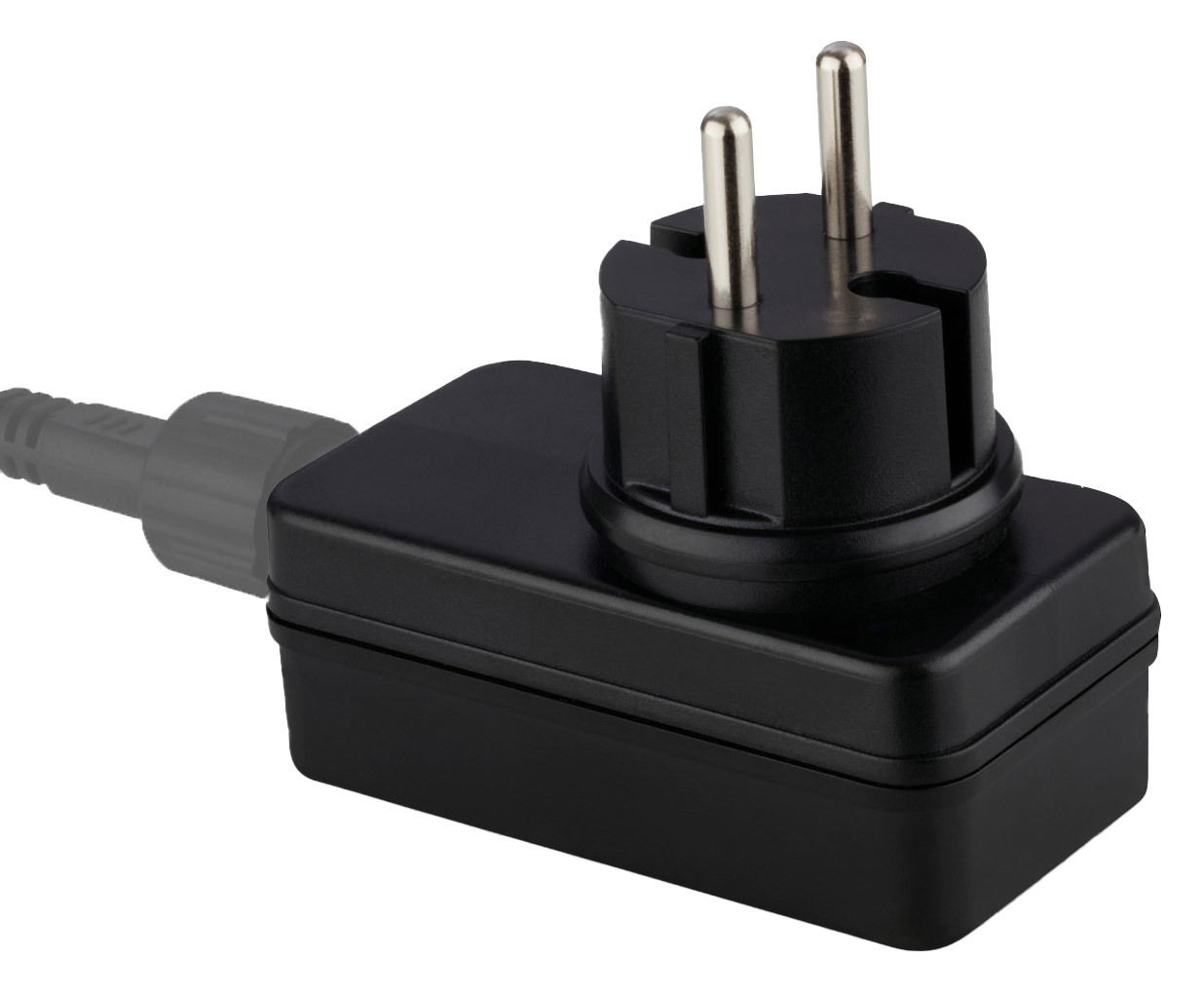 Schwarzer Treiber-Transformator IP44 mit zwei Steckern, seitliche Perspektive