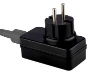 Schwarzer Treiber-Transformator IP44 mit zwei Steckern, seitliche Perspektive