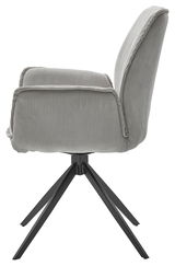 Seitenansicht eines grauen Armlehnstuhls mit gestreiftem Stoffbezug und schwarzem Metallgestell.