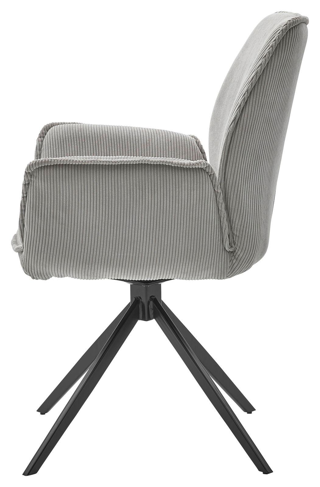 Seitenansicht eines grauen Armlehnstuhls mit gestreiftem Stoffbezug und schwarzem Metallgestell.