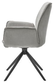 Seitenansicht eines grauen Armlehnstuhls mit gestreiftem Stoffbezug und schwarzem Metallgestell.