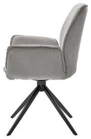 Seitenansicht eines grauen Armlehnstuhls mit gestreiftem Stoffbezug und schwarzem Metallgestell.