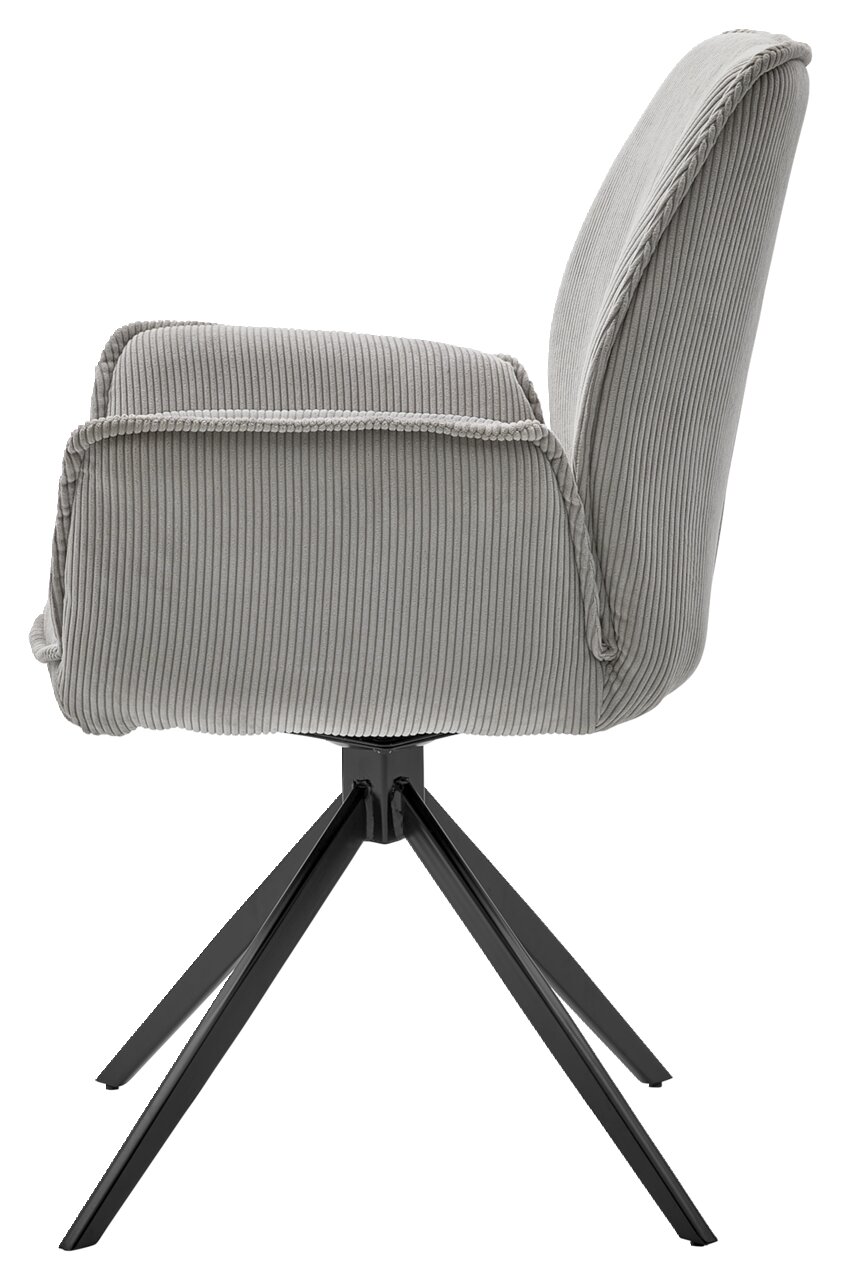 Seitenansicht eines grauen Armlehnstuhls mit gestreiftem Stoffbezug und schwarzem Metallgestell.