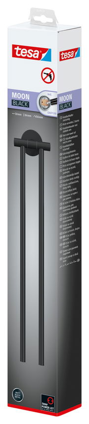 tesa MOON BLACK Handtuchhalter in mattem Schwarz, Vorderansicht der Verpackung mit Abbildung des Produkts und Produktinformationen.