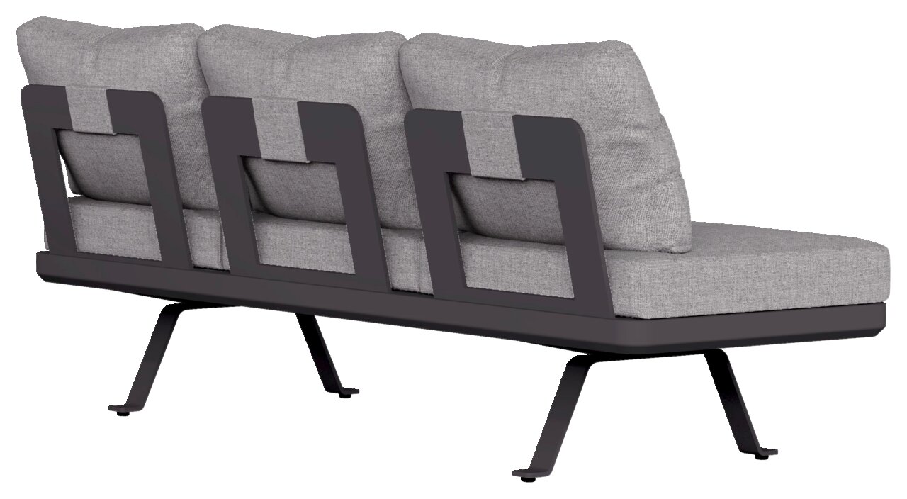Rückansicht eines modernen 3-Sitzer Loungeelements mit grauen Kissen und schwarzem Metallrahmen.