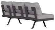 Rückansicht eines modernen 3-Sitzer Loungeelements mit grauen Kissen und schwarzem Metallrahmen.
