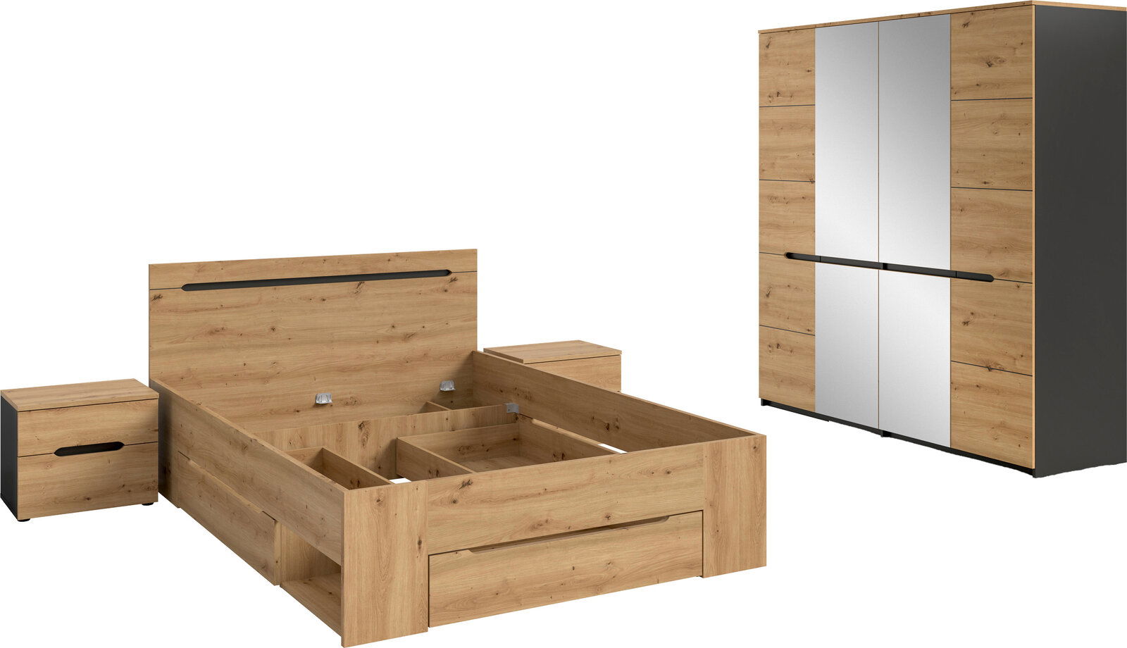 Schlafzimmermöbel-Set in Eiche-Optik mit Bettgestell inklusive Stauraum, zwei Nachttischen und Kleiderschrank mit Spiegel- und Holztüren sowie schwarzen Griffleisten, dargestellt in schräger Frontansicht