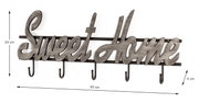 Wandgarderobe aus Metall mit Schriftzug „Sweet Home“ in gebürsteter Optik und fünf schwarzen Haken, Frontansicht; ca. 60 cm breit, 24 cm hoch, 4 cm tief.