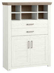 Weißes Highboard mit Holzoptik, zwei Schubladen und vier offenen Fächern, Frontalansicht