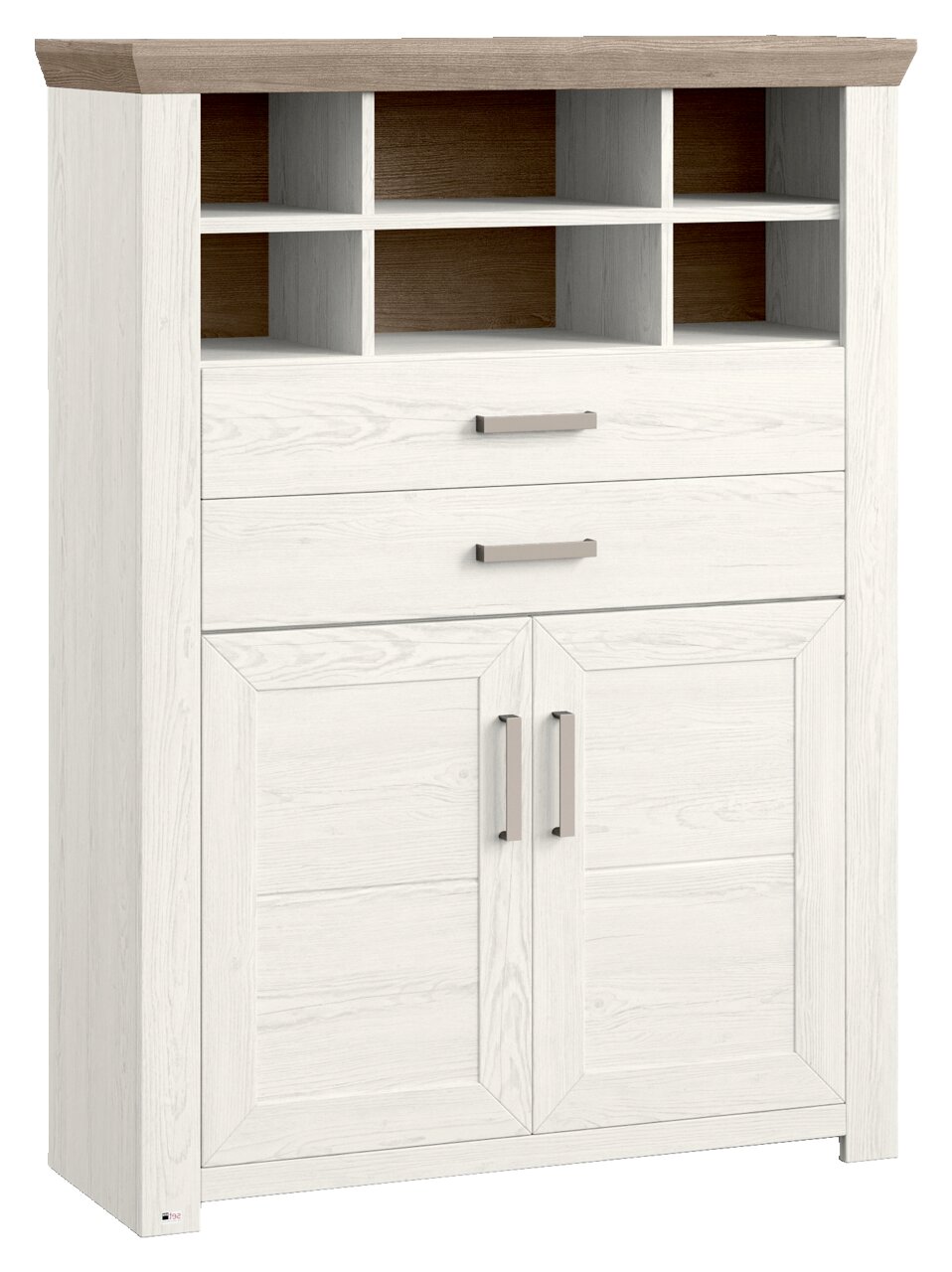 Set one by Musterring Highboard SET ONE YORK Weißes Highboard mit Holzoptik, zwei Schubladen und vier offenen Fächern, Frontalansicht
