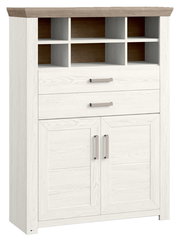 Weißes Highboard mit Holzoptik, zwei Schubladen und vier offenen Fächern, Frontalansicht