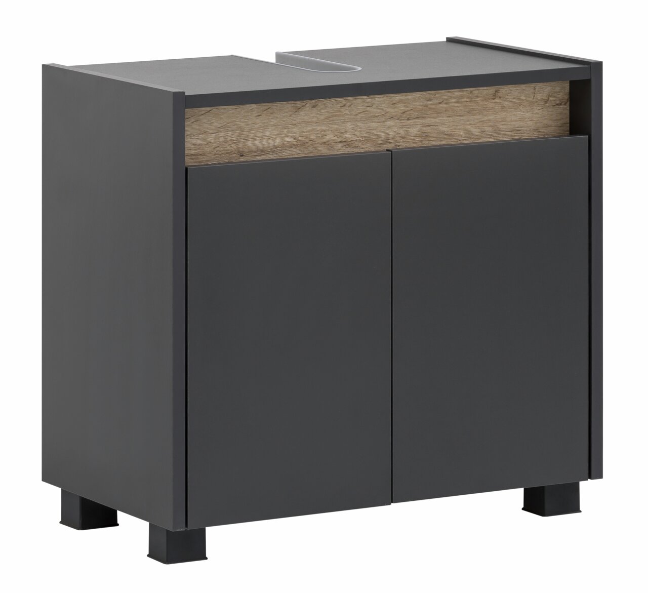 Moderner Waschbeckenunterschrank in dunklem Grau mit Holzdetail, seitliche Perspektive