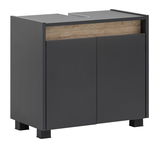 Moderner Waschbeckenunterschrank in dunklem Grau mit Holzdetail, seitliche Perspektive