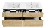 Frontansicht einer Badkombination mit zwei Waschbecken und vier Holzschubladen.