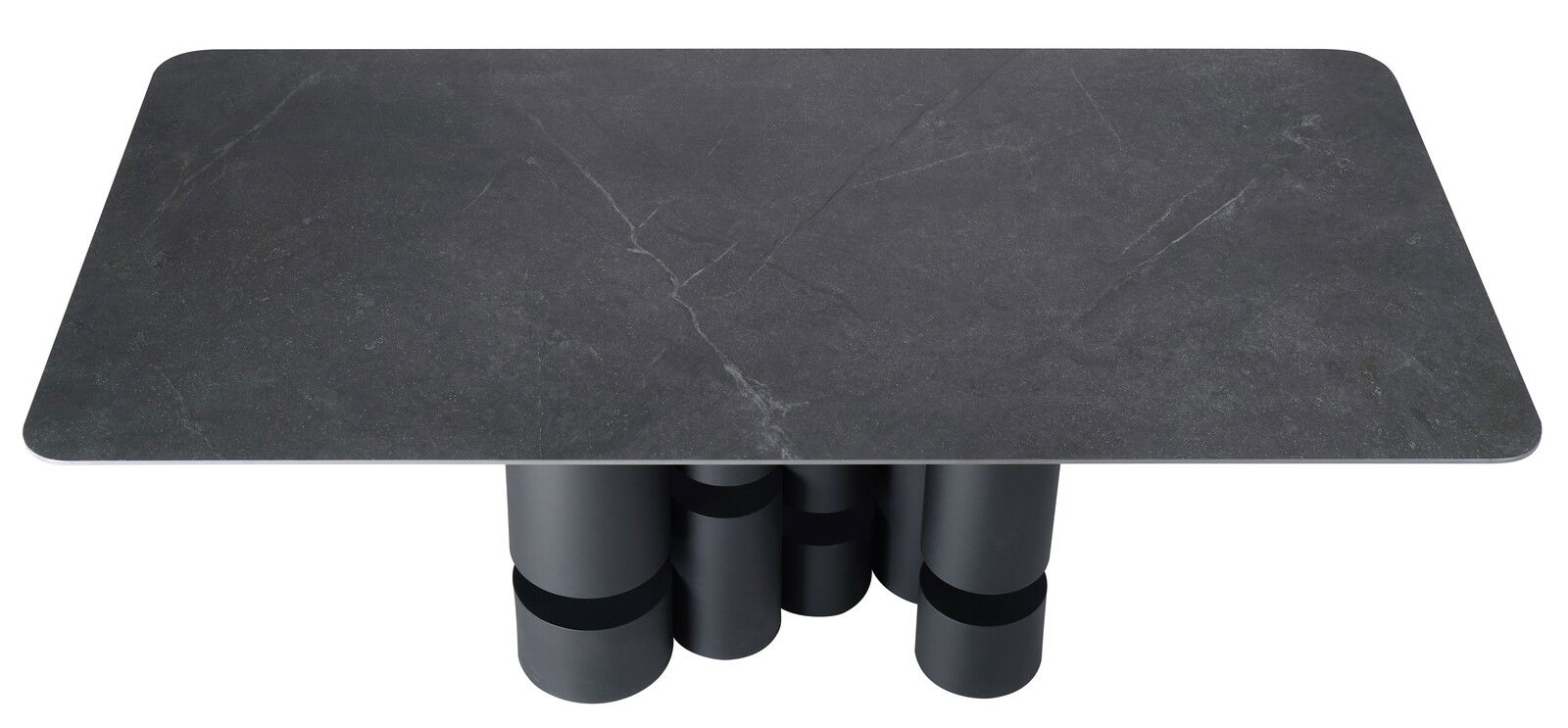 Moderner Esstisch mit dunkler, rechteckiger Tischplatte und einzigartigem zylindrischem Untergestell, Ansicht von oben.