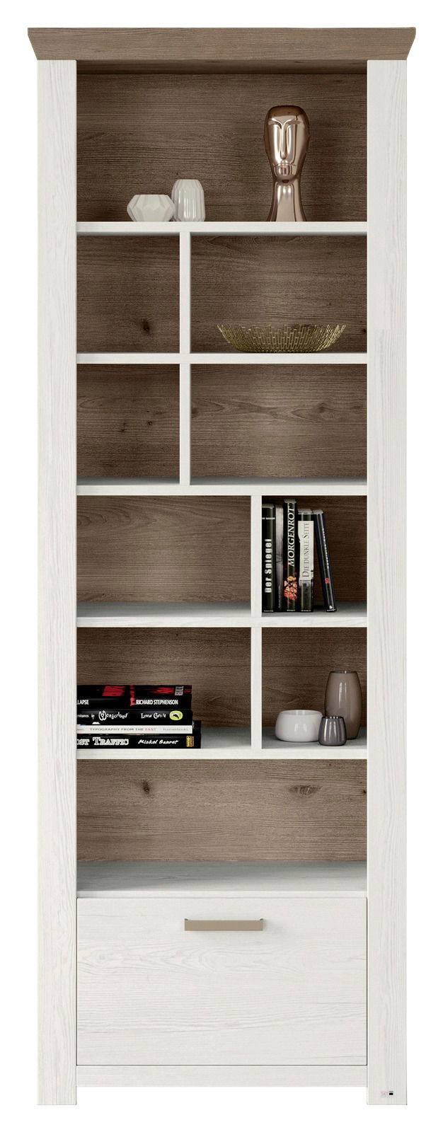 Regal in Holzoptik mit weißen Rahmen, frontal fotografiert, mit mehreren Fächern und dekorativen Objekten.