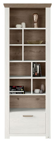 Regal in Holzoptik mit weißen Rahmen, frontal fotografiert, mit mehreren Fächern und dekorativen Objekten.