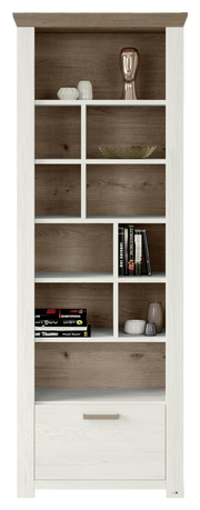 Regal in Holzoptik mit weißen Rahmen, frontal fotografiert, mit mehreren Fächern und dekorativen Objekten.