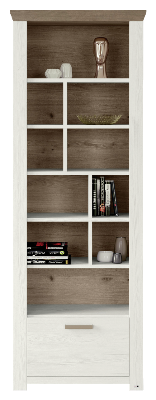 Regal in Holzoptik mit weißen Rahmen, frontal fotografiert, mit mehreren Fächern und dekorativen Objekten.